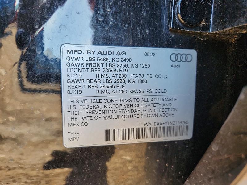 51358916 :رقم المزاد ، WA1EAAFY1N2116285 vin ، 2022 Audi Q5 مزاد بيع