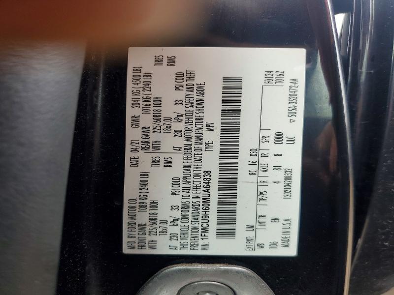 2021 Ford Escape მანქანა იყიდება აუქციონზე, vin: 1FMCU9H60MUA64838, აუქციონის ნომერი: 49774706