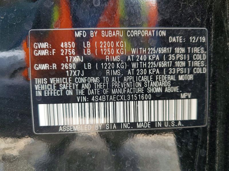 Продаж на аукціоні авто 2020 Subaru Outback, vin: 4S4BTAECXL3151600, номер лоту: 50422106