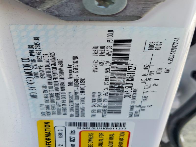 2019 Lincoln Mkz მანქანა იყიდება აუქციონზე, vin: 3LN6L5LU1KR611277, აუქციონის ნომერი: 48492556