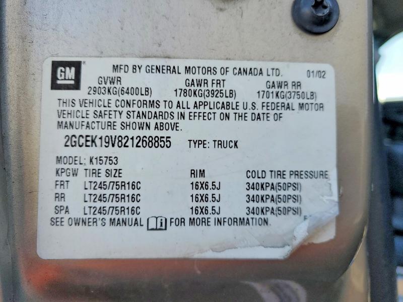 2002 Chevrolet Silverado მანქანა იყიდება აუქციონზე, vin: 2GCEK19V821268855, აუქციონის ნომერი: 48976896
