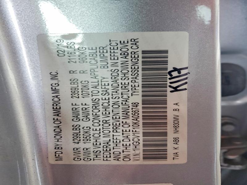 2019 Honda Accord მანქანა იყიდება აუქციონზე, vin: 1HGCV1F10KA056748, აუქციონის ნომერი: 51009136