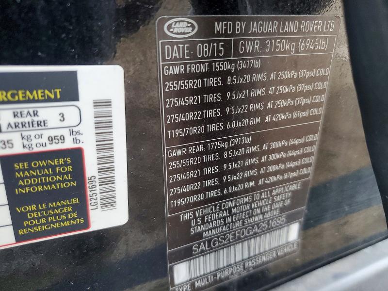 Aukcja sprzedaży 2016 Land Rover Range Rover, vin: SALGS2EF0GA251695, numer aukcji: 48449976