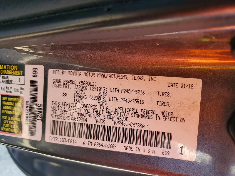 2018 Toyota Tacoma მანქანა იყიდება აუქციონზე, vin: 5TFSX5EN3JX059204, აუქციონის ნომერი: 50283726