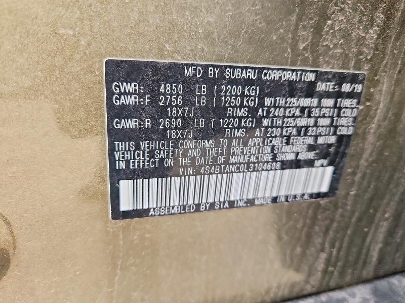 Aukcja sprzedaży 2020 Subaru Outback, vin: 4S4BTANC0L3104608, numer aukcji: 50284676