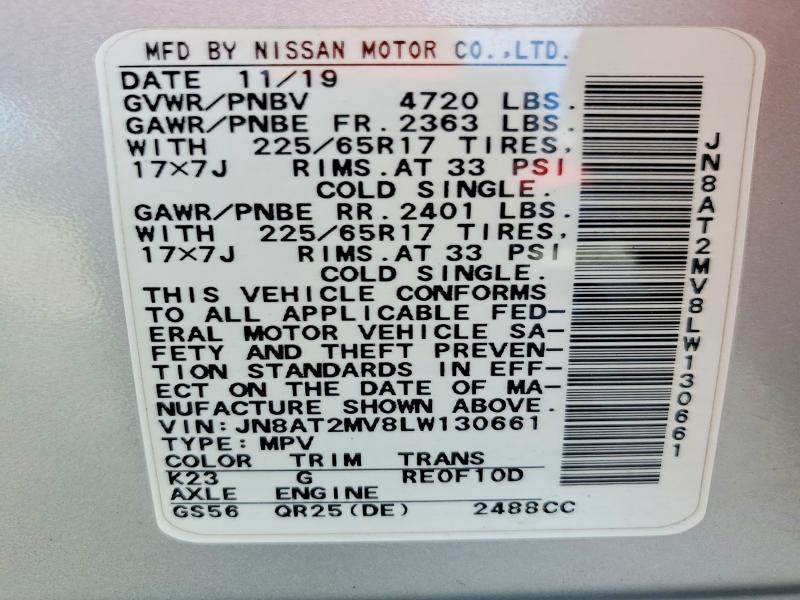 50245416 :رقم المزاد ، JN8AT2MV8LW130661 vin ، 2020 Nissan Rogue مزاد بيع