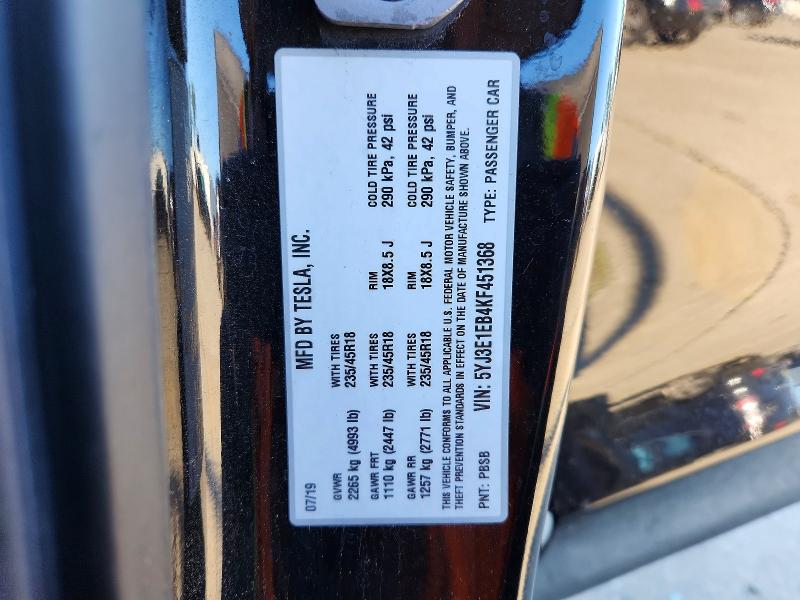 Продажа на аукционе авто 2019 Tesla Model 3, vin: 5YJ3E1EB4KF451368, номер лота: 50878756