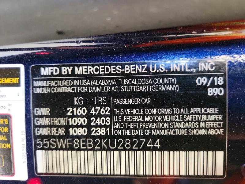 2019 Mercedes-benz C მანქანა იყიდება აუქციონზე, vin: 55SWF8EB2KU282744, აუქციონის ნომერი: 50605996