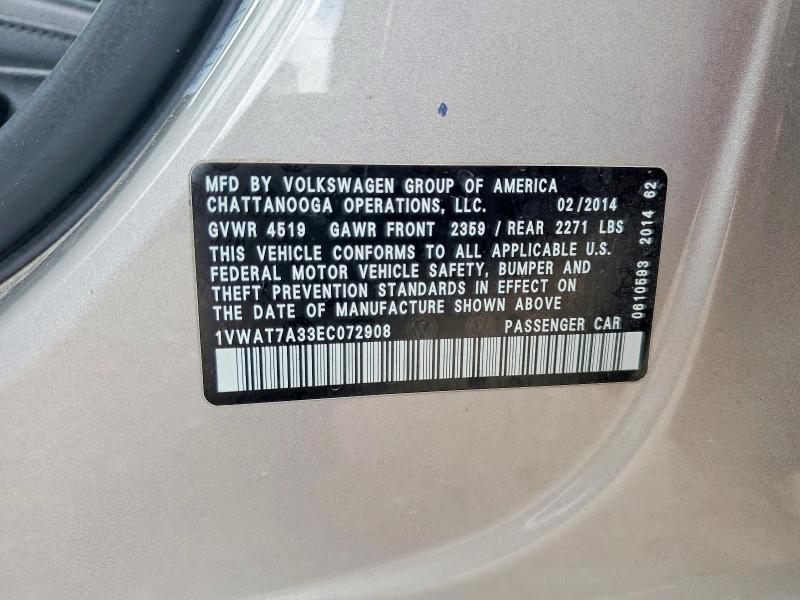 50661606 :رقم المزاد ، 1VWAT7A33EC072908 vin ، 2014 Volkswagen Passat مزاد بيع