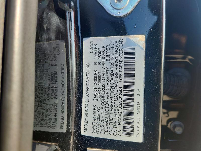 Продаж на аукціоні авто 2021 Honda Accord, vin: 1HGCV2F32MA012504, номер лоту: 51886326