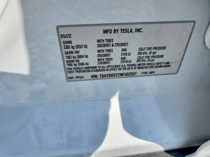 2022 Tesla Model Y მანქანა იყიდება აუქციონზე, vin: 7SAYGDEF2NF452501, აუქციონის ნომერი: 49664956
