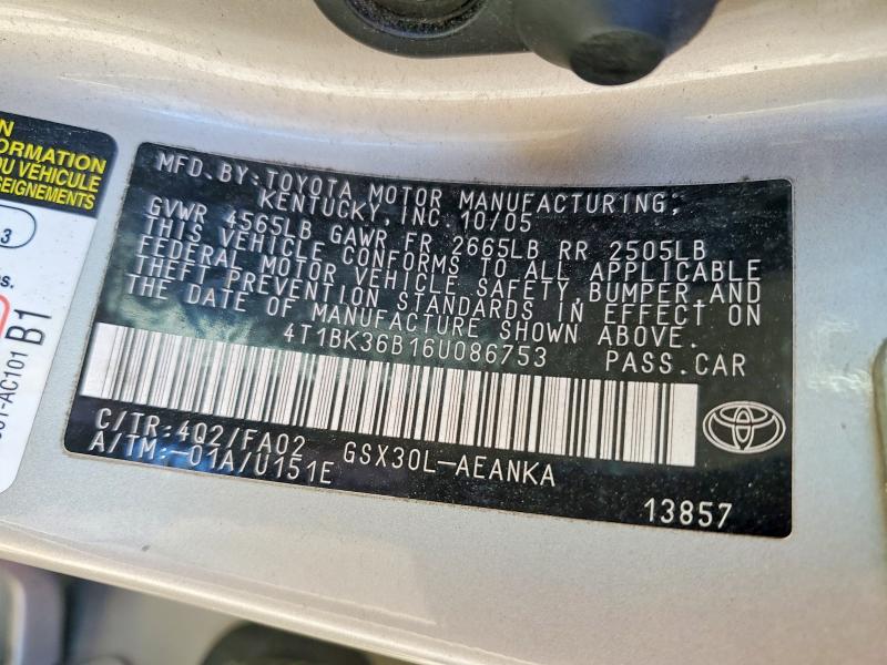 2006 Toyota Avalon მანქანა იყიდება აუქციონზე, vin: 4T1BK36B16U086753, აუქციონის ნომერი: 51079946