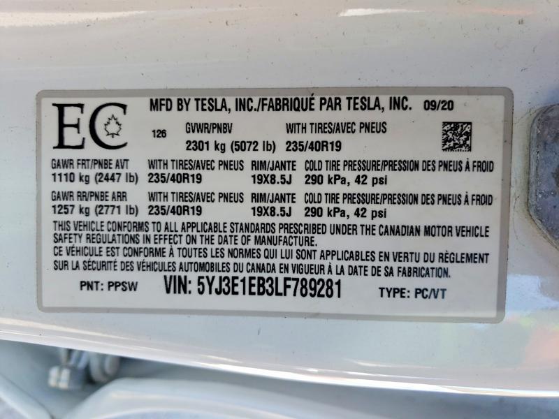 48912466 :رقم المزاد ، 5YJ3E1EB3LF789281 vin ، 2020 Tesla Model 3 مزاد بيع