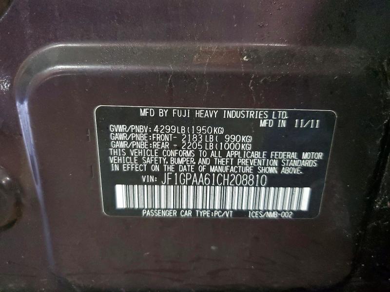 50070816 :رقم المزاد ، JF1GPAA61CH208810 vin ، 2012 Subaru Impreza مزاد بيع