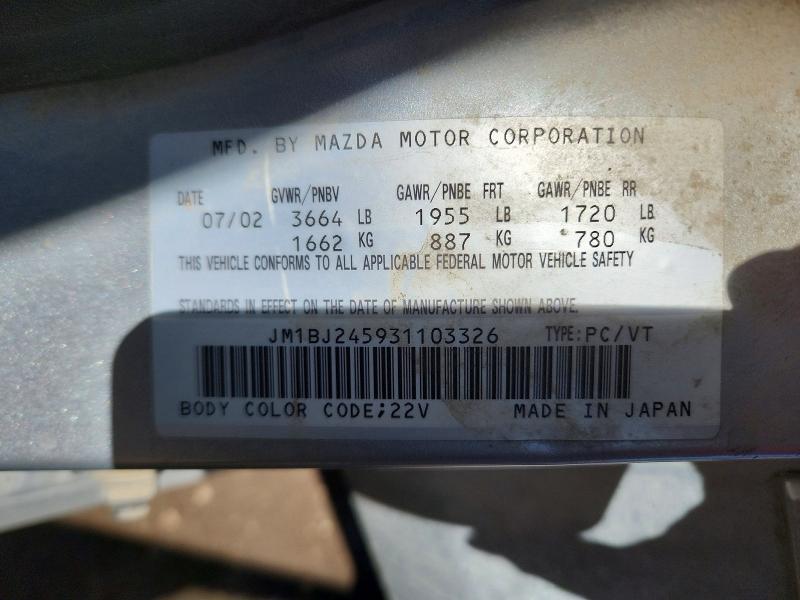 Aukcja sprzedaży 2003 Mazda Protege, vin: JM1BJ245931103326, numer aukcji: 50575966