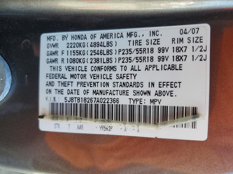 Aukcja sprzedaży 2007 Acura Rdx, vin: 5J8TB18267A022366, numer aukcji: 51184746