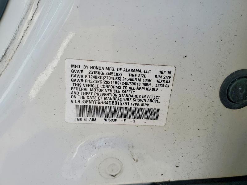 Aukcja sprzedaży 2016 Honda Pilot, vin: 5FNYF5H34GB016761, numer aukcji: 50829246