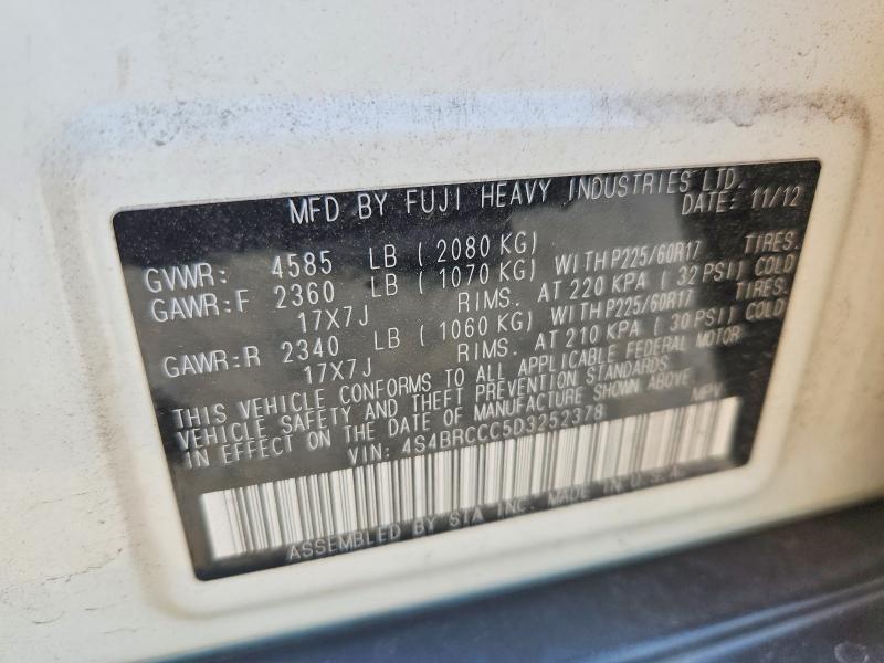 2013 Subaru Outback მანქანა იყიდება აუქციონზე, vin: 4S4BRCCC5D3252378, აუქციონის ნომერი: 51137996