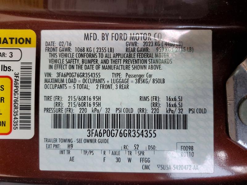 Продажа на аукционе авто 2016 Ford Fusion, vin: 3FA6P0G76GR354355, номер лота: 48753986