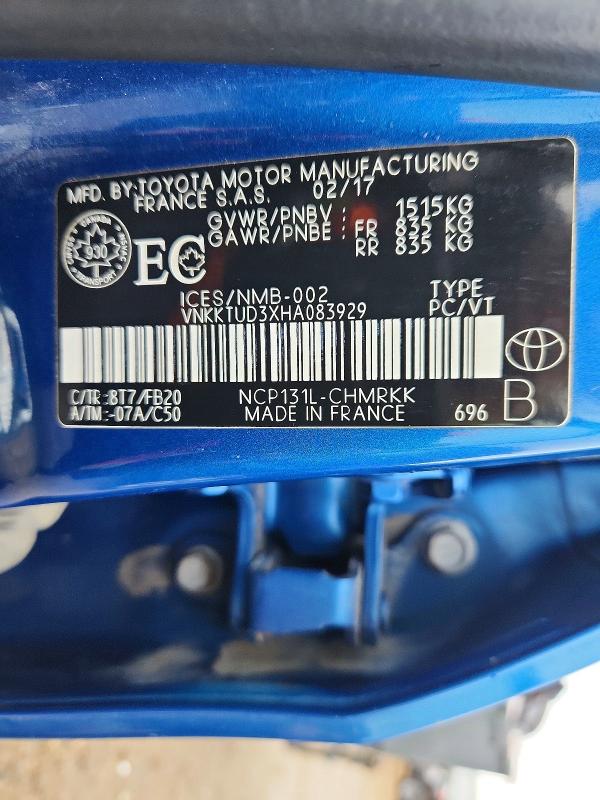 50589726 :رقم المزاد ، VNKKTUD3XHA083929 vin ، 2017 Toyota Yaris مزاد بيع