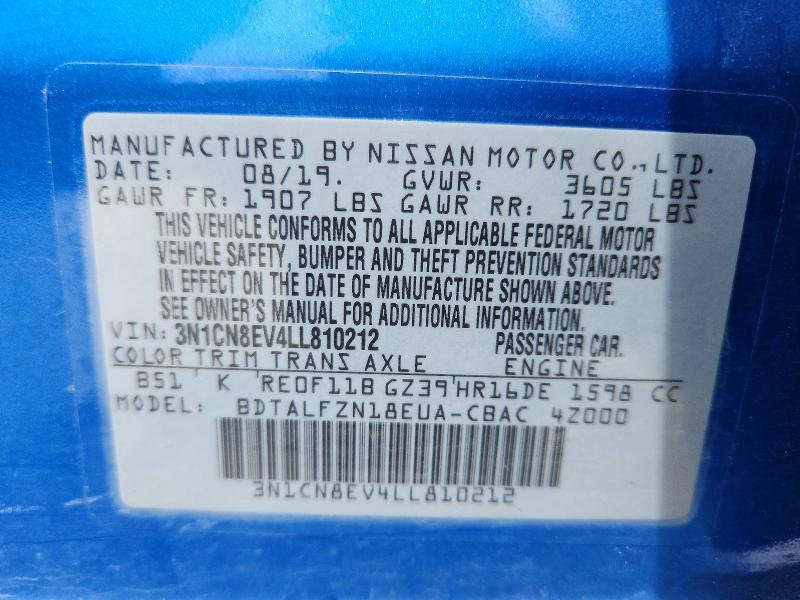 50457356 :رقم المزاد ، 3N1CN8EV4LL810212 vin ، 2020 Nissan Versa مزاد بيع