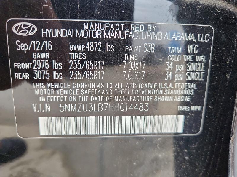 49842286 :رقم المزاد ، 5NMZU3LB7HH014483 vin ، 2017 Hyundai Santa Fe Sport مزاد بيع