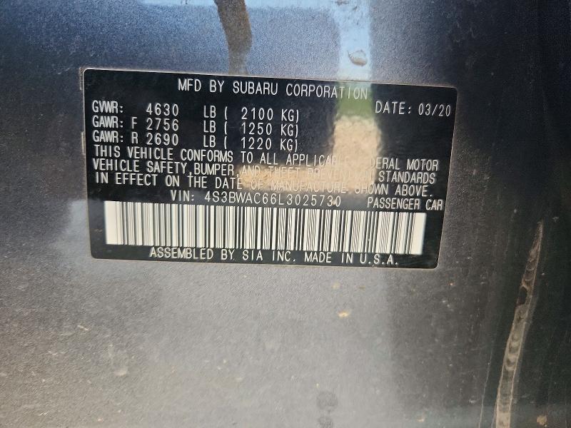 2020 Subaru Legacy მანქანა იყიდება აუქციონზე, vin: 4S3BWAC66L3025730, აუქციონის ნომერი: 51412636