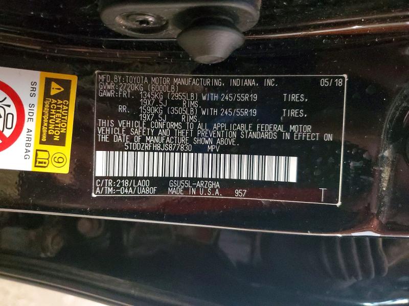 51865346 :رقم المزاد ، 5TDDZRFH8JS877830 vin ، 2018 Toyota Highlander مزاد بيع