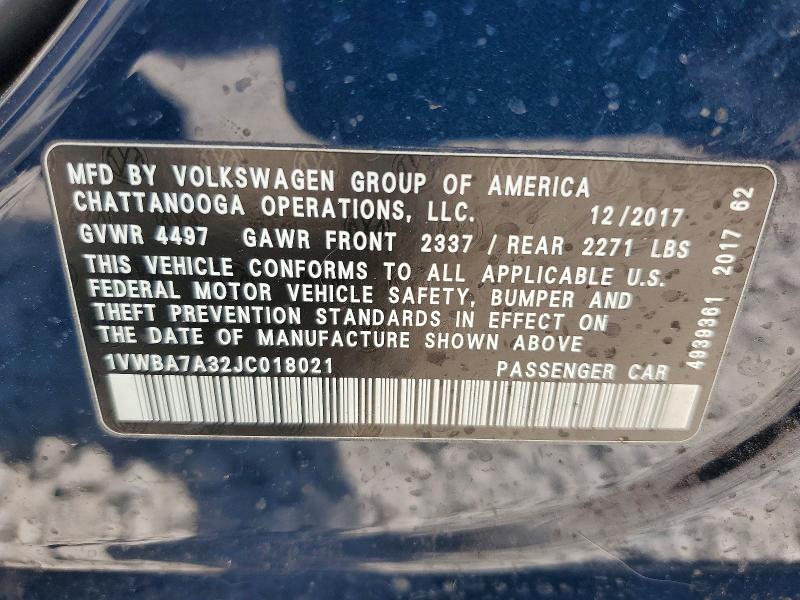50282076 :رقم المزاد ، 1VWBA7A32JC018021 vin ، 2018 Volkswagen Passat مزاد بيع