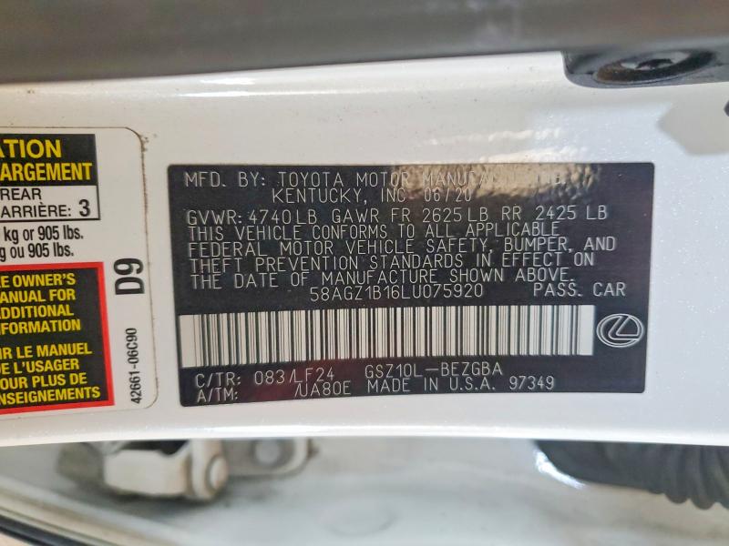 Aukcja sprzedaży 2020 Lexus Es, vin: 58AGZ1B16LU075920, numer aukcji: 49516076
