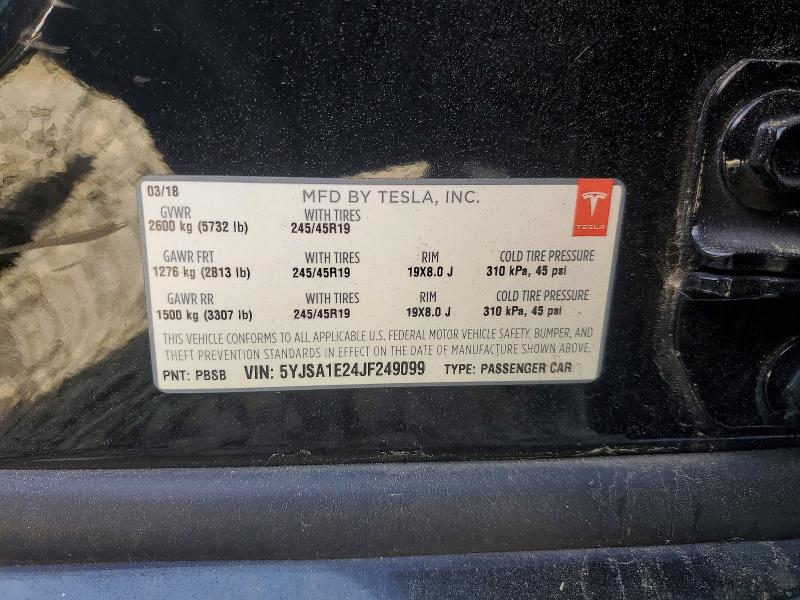 2018 Tesla Model S მანქანა იყიდება აუქციონზე, vin: 5YJSA1E24JF249099, აუქციონის ნომერი: 48878226