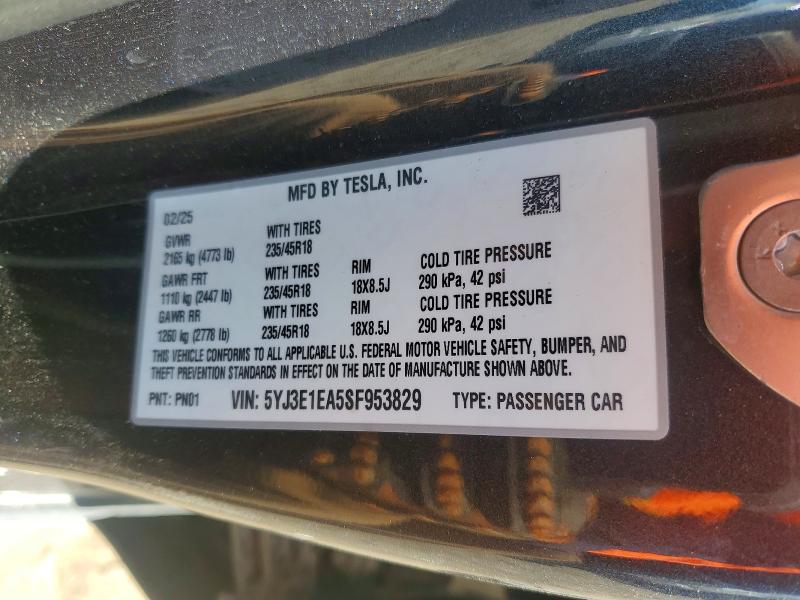 2025 Tesla Model 3 მანქანა იყიდება აუქციონზე, vin: 5YJ3E1EA5SF953829, აუქციონის ნომერი: 48576586