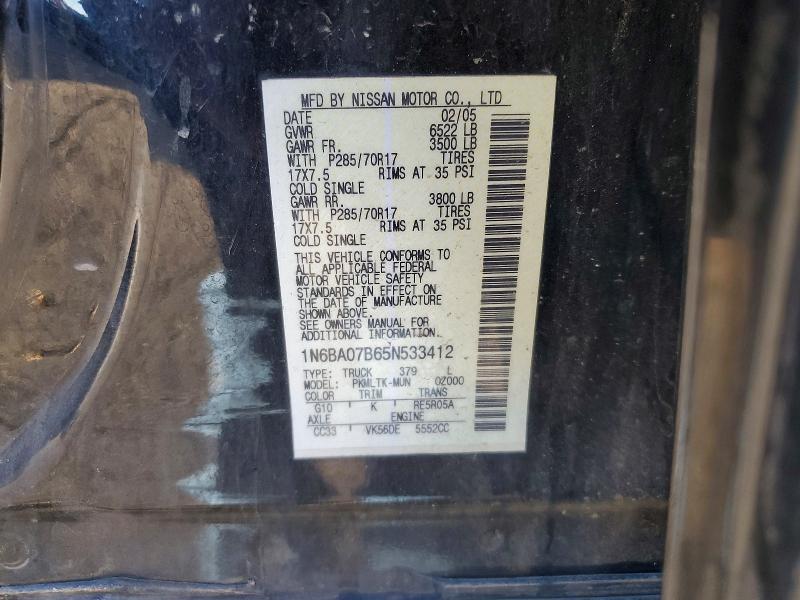 2005 Nissan Titan მანქანა იყიდება აუქციონზე, vin: 1N6BA07B65N533412, აუქციონის ნომერი: 51287866