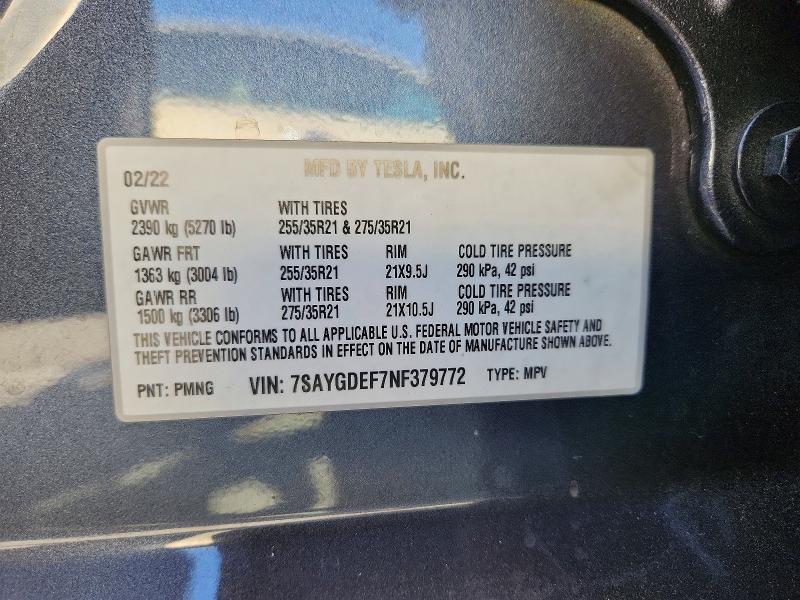 48188106 :رقم المزاد ، 7SAYGDEF7NF379772 vin ، 2022 Tesla Model Y مزاد بيع