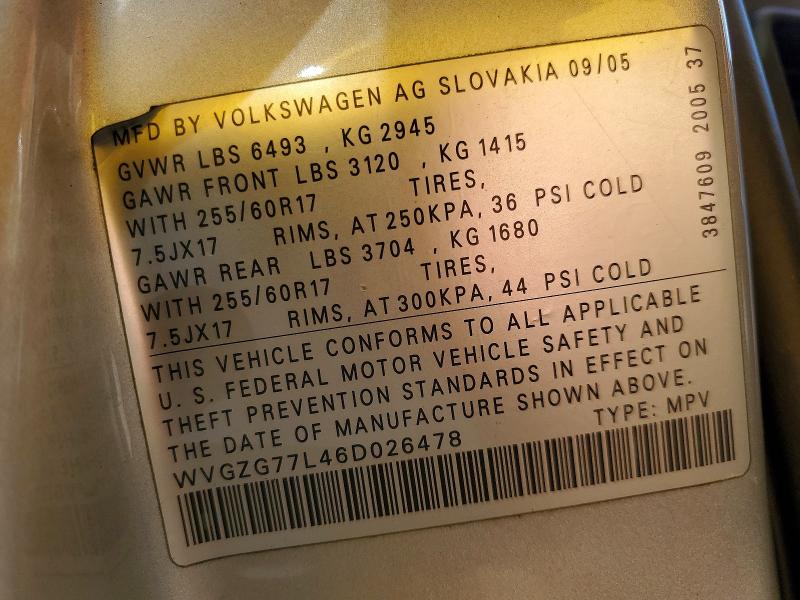 2006 Volkswagen Touareg მანქანა იყიდება აუქციონზე, vin: WVGZG77L46D026478, აუქციონის ნომერი: 50472936