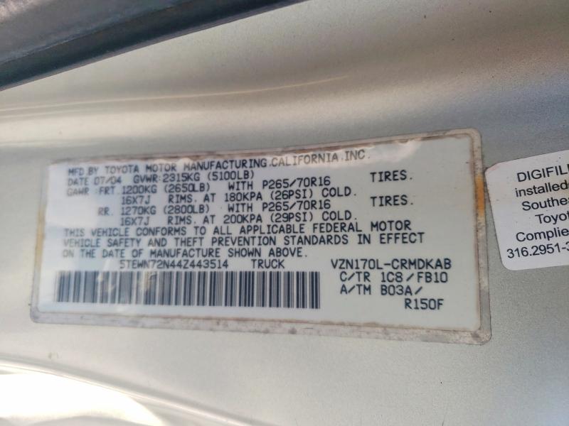 2004 Toyota Tacoma მანქანა იყიდება აუქციონზე, vin: 5TEWN72N44Z443514, აუქციონის ნომერი: 48896216