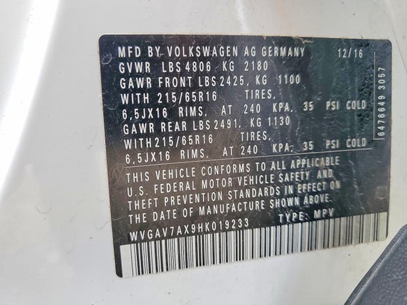 Aukcja sprzedaży 2017 Volkswagen Tiguan, vin: WVGAV7AX9HK019233, numer aukcji: 48234436