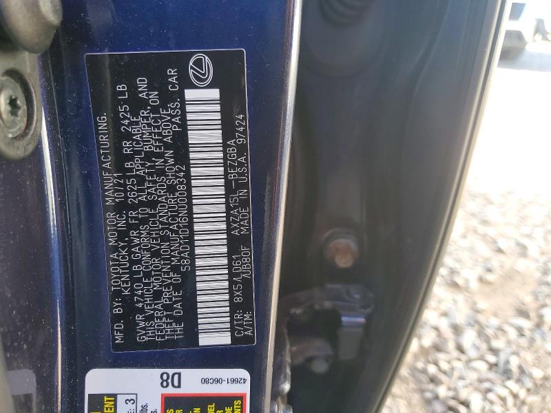 Aukcja sprzedaży 2022 Lexus Es 250, vin: 58AD11D16NU008342, numer aukcji: 50811346
