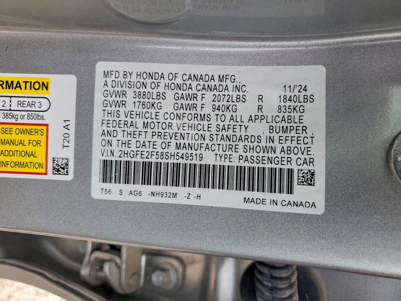 2025 Honda Civic მანქანა იყიდება აუქციონზე, vin: 2HGFE2F58SH549519, აუქციონის ნომერი: 49836306