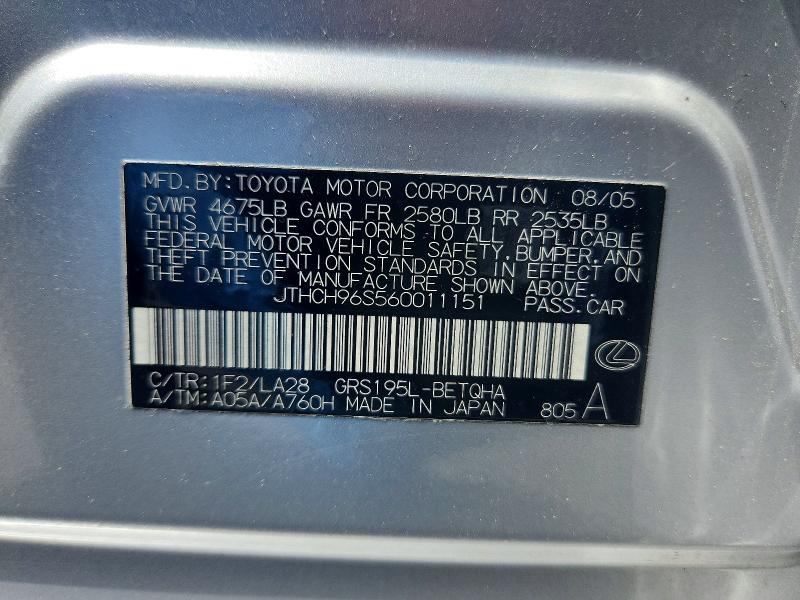 Aukcja sprzedaży 2006 Lexus Gs, vin: JTHCH96S560011151, numer aukcji: 50064926