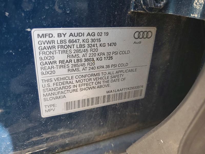 50420466 :رقم المزاد ، WA1LAAF77KD033376 vin ، 2019 Audi Q7 مزاد بيع