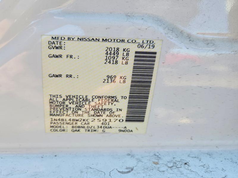 2019 Nissan Altima მანქანა იყიდება აუქციონზე, vin: 1N4BL4BW2KC259170, აუქციონის ნომერი: 48943696