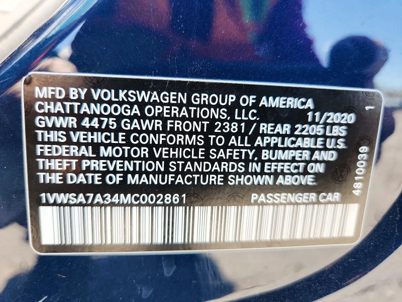 51520736 :رقم المزاد ، 1VWSA7A34MC002861 vin ، 2021 Volkswagen Passat مزاد بيع