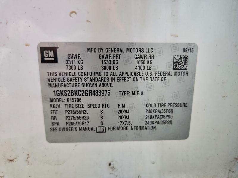 50421076 :رقم المزاد ، 1GKS2BKC2GR483975 vin ، 2016 Gmc Yukon مزاد بيع