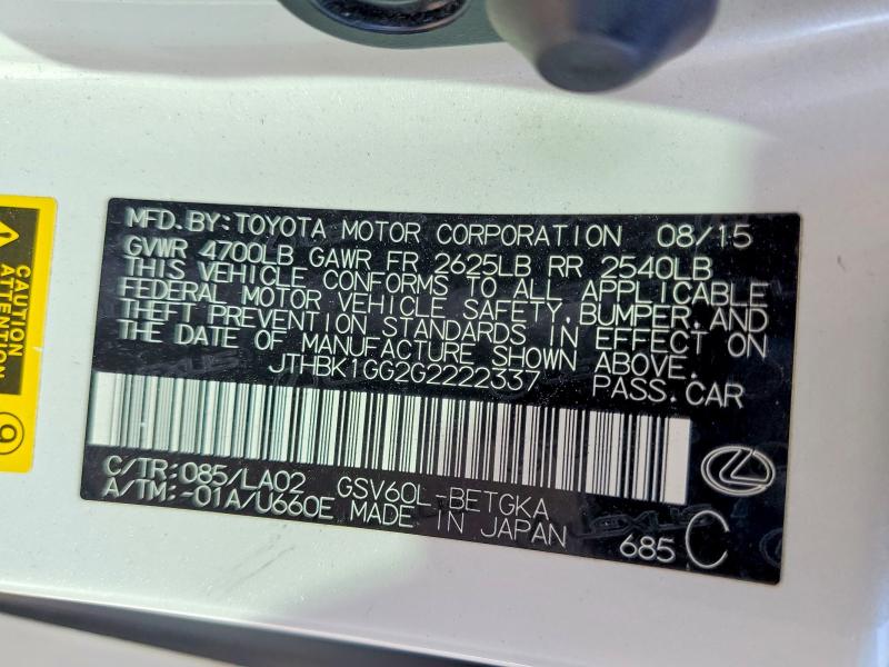 Aukcja sprzedaży 2016 Lexus Es, vin: JTHBK1GG2G2222337, numer aukcji: 49822286