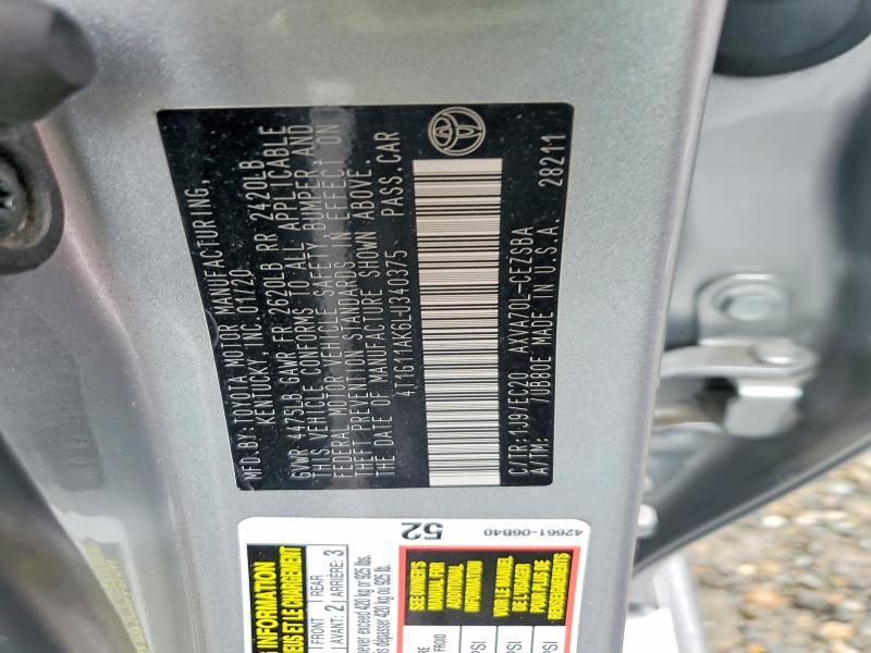 Продажа на аукционе авто 2020 Toyota Camry, vin: 4T1G11AK6LU340375, номер лота: 50598466