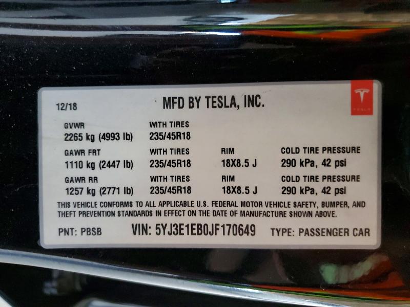 Aukcja sprzedaży 2018 Tesla Model 3, vin: 5YJ3E1EB0JF170649, numer aukcji: 49421586