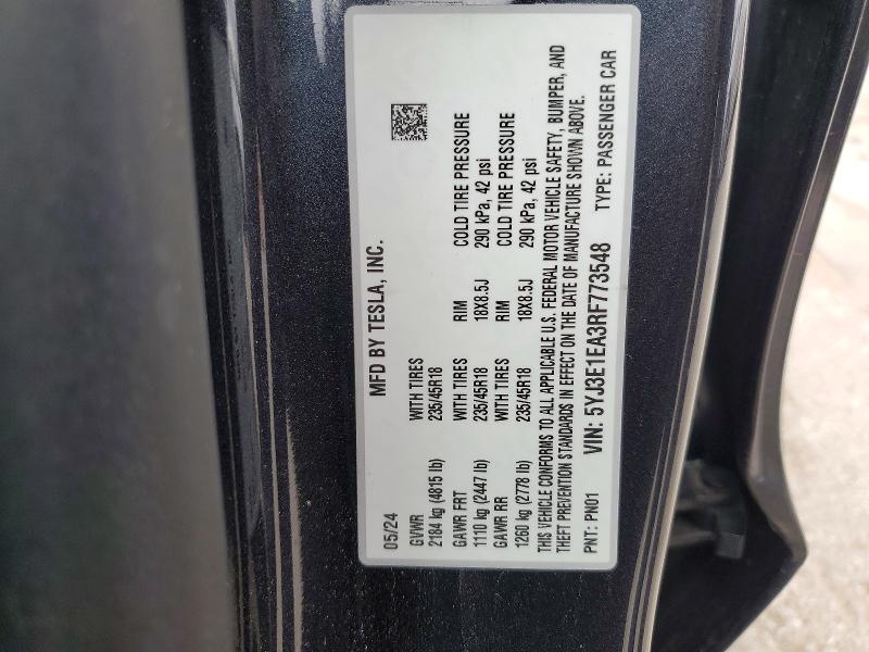 Продаж на аукціоні авто 2024 Tesla Model 3, vin: 5YJ3E1EA3RF773548, номер лоту: 47795396