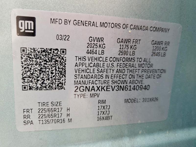 48946976 :رقم المزاد ، 2GNAXKEV3N6140940 vin ، 2022 Chevrolet Equinox مزاد بيع