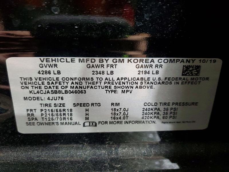 2020 Buick Encore მანქანა იყიდება აუქციონზე, vin: KL4CJASB8LB046063, აუქციონის ნომერი: 49438946